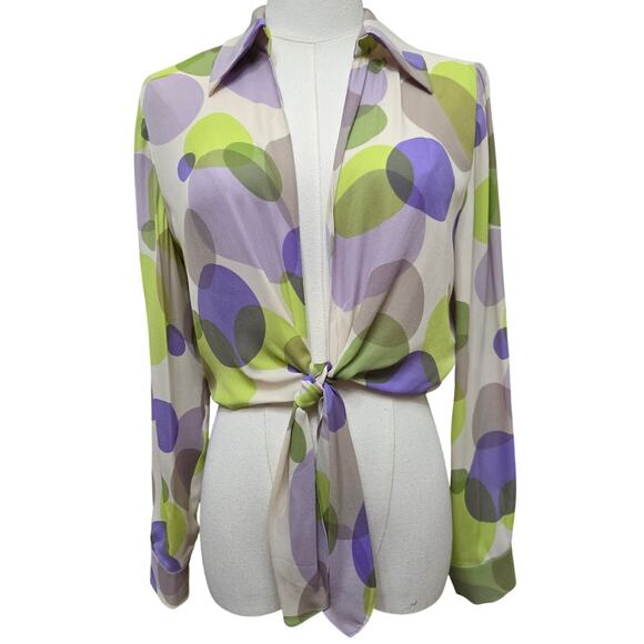 Maggy London Women Vtg 90s Y2K Maximalist Mod Retro Sheer Silk Tie Front Top 8 - Picture 1 of 8